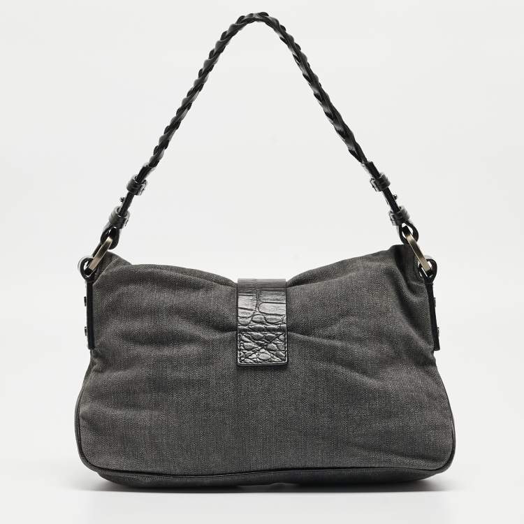 Pre Owned Givenchy Grey/Black Denim and Croc Embossed Leather Shoulder Bag