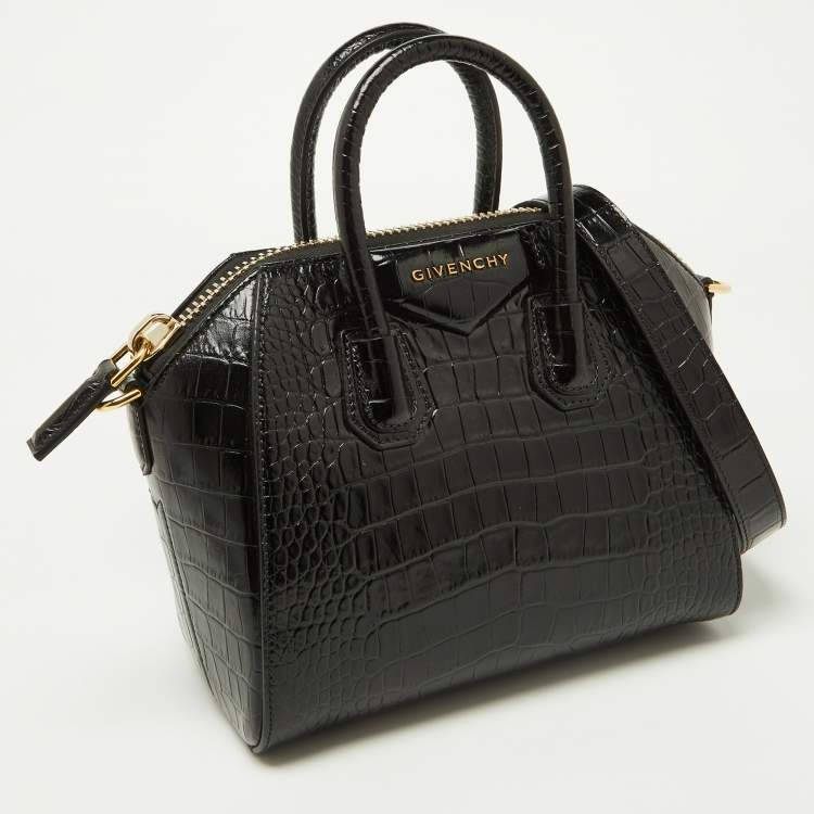 Pre Owned Givenchy Black Glossy Croc Embossed Leather Mini Antigona Satchel