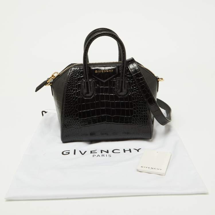 Pre Owned Givenchy Black Glossy Croc Embossed Leather Mini Antigona Satchel
