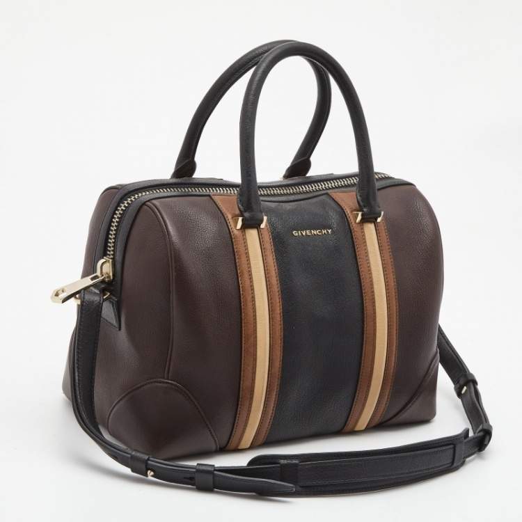 Pre Owned Givenchy Dark Brown Leather Striped Lucrezia Duffel Bag