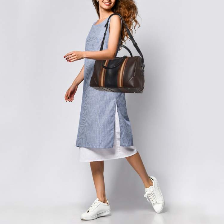 Pre Owned Givenchy Dark Brown Leather Striped Lucrezia Duffel Bag