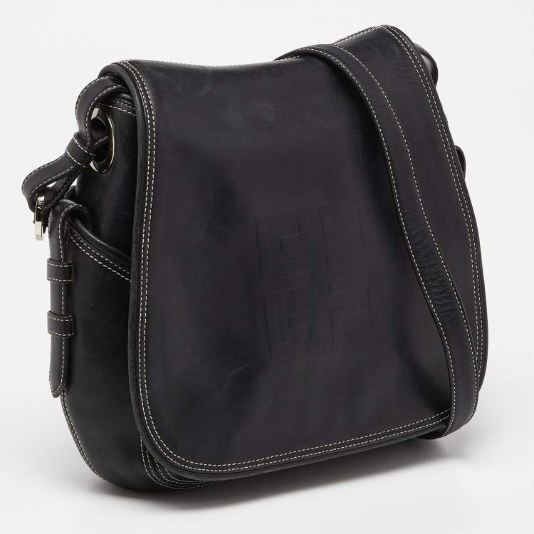 Pre Owned Givenchy Black Logo Embossed Leather Flap Hobo