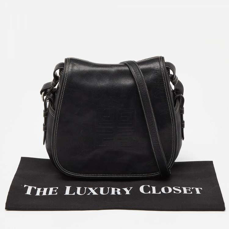Pre Owned Givenchy Black Logo Embossed Leather Flap Hobo