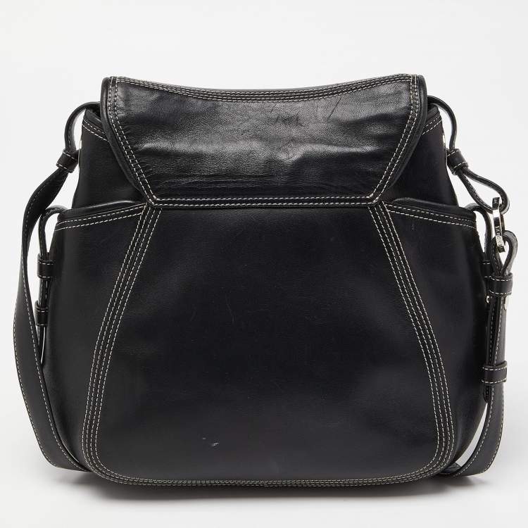 Pre Owned Givenchy Black Logo Embossed Leather Flap Hobo