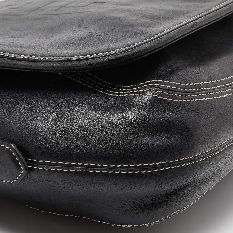 Pre Owned Givenchy Black Logo Embossed Leather Flap Hobo