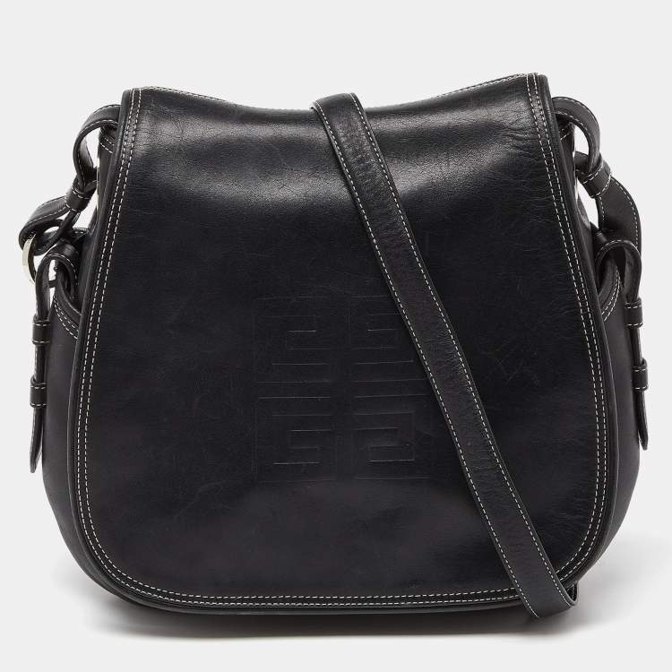 Pre Owned Givenchy Black Logo Embossed Leather Flap Hobo