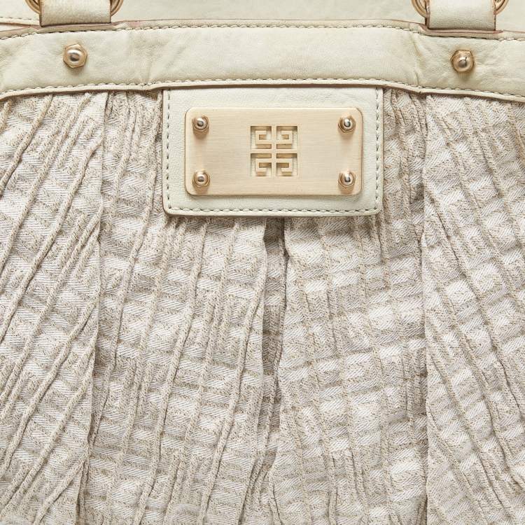Pre Owned Givenchy Gold/Cream Textured Canvas and Leather Logo Hobo