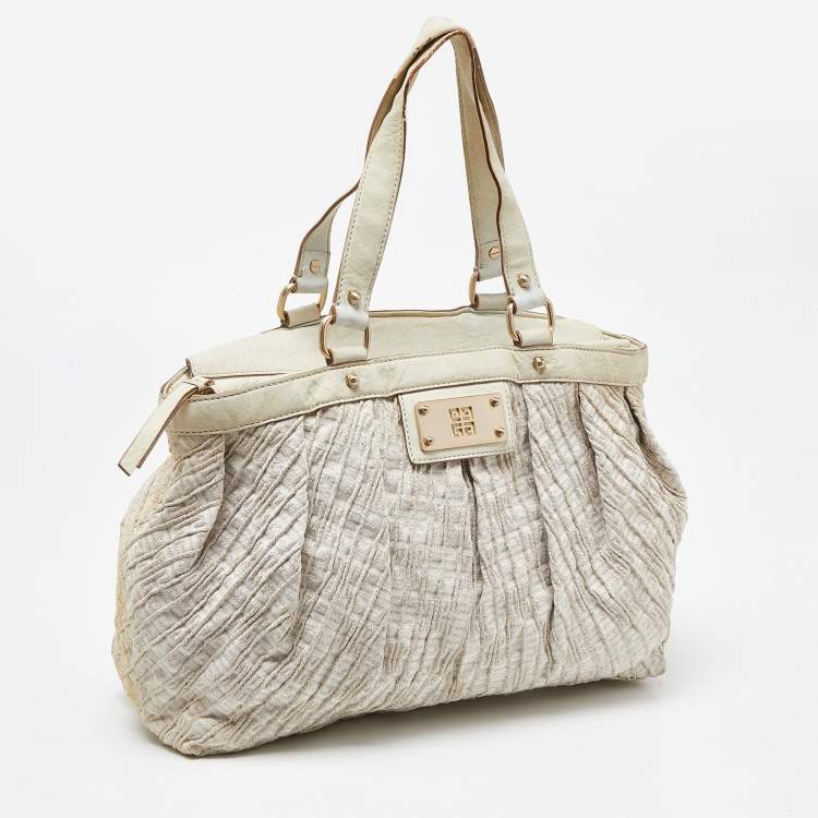 Pre Owned Givenchy Gold/Cream Textured Canvas and Leather Logo Hobo
