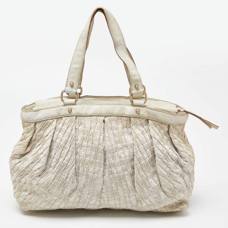 Pre Owned Givenchy Gold/Cream Textured Canvas and Leather Logo Hobo