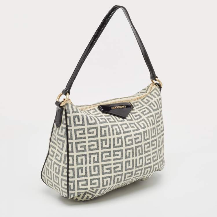 Pre Owned Givenchy Black/Off White Signature Coated Canvas and Patent Leather Hobo