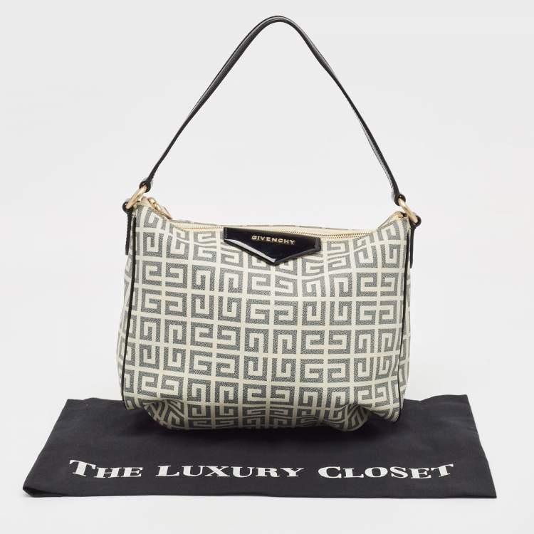 Pre Owned Givenchy Black/Off White Signature Coated Canvas and Patent Leather Hobo