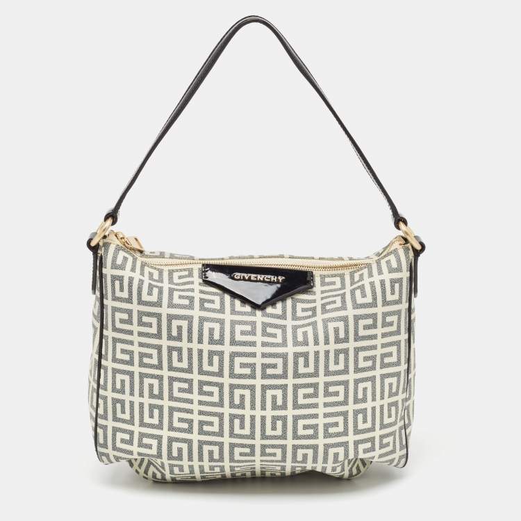 Pre Owned Givenchy Black/Off White Signature Coated Canvas and Patent Leather Hobo