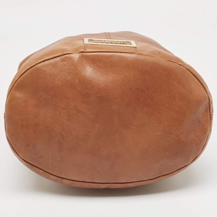 Pre Owned Givenchy Brown Leather Logo Bucket Hobo