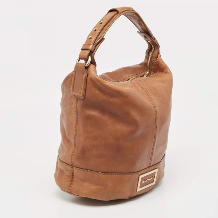 Pre Owned Givenchy Brown Leather Logo Bucket Hobo