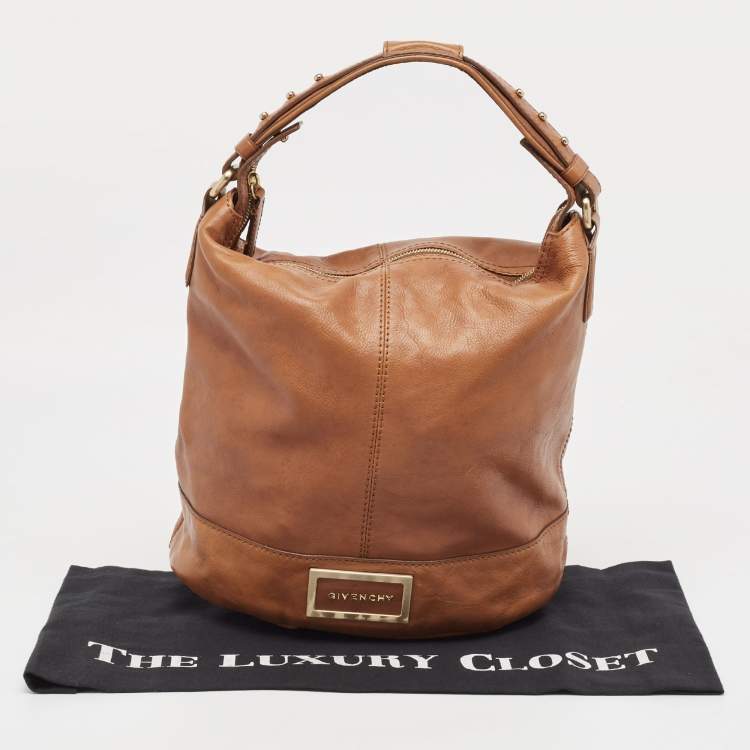 Pre Owned Givenchy Brown Leather Logo Bucket Hobo