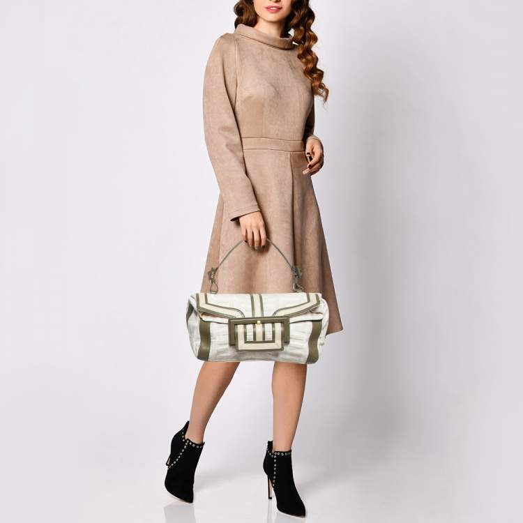 Pre Owned Givenchy White/Olive Green Signature Fabric and Leather Top Handle Bag