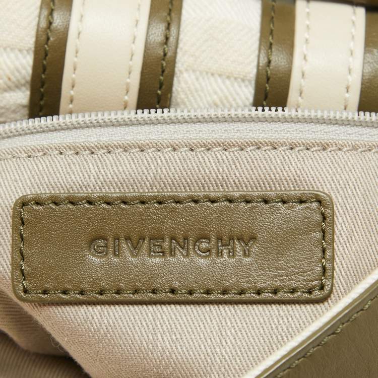 Pre Owned Givenchy White/Olive Green Signature Fabric and Leather Top Handle Bag