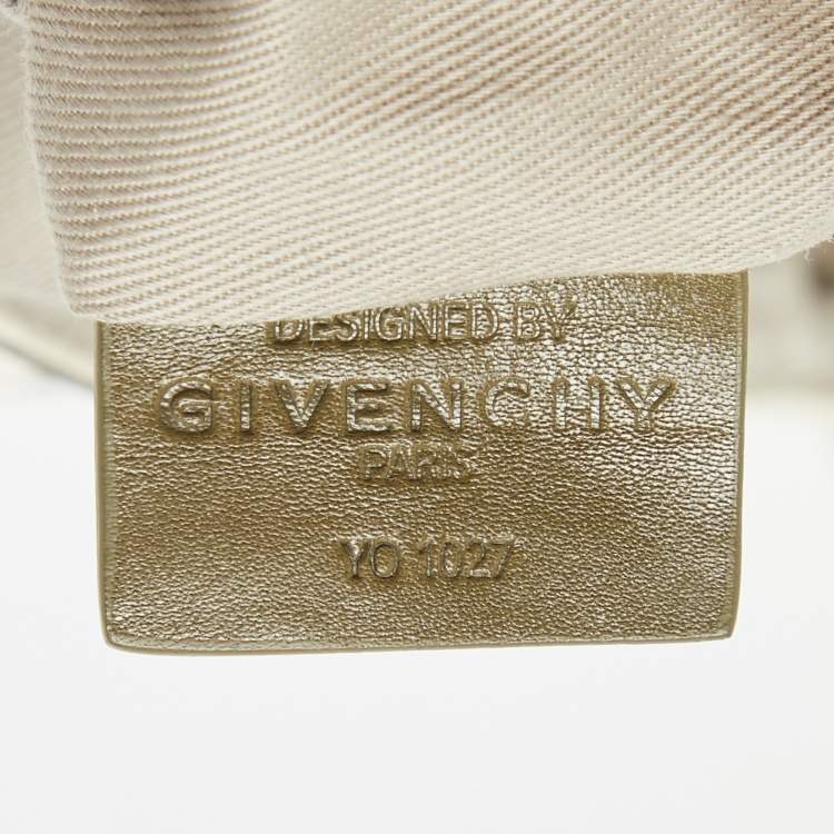 Pre Owned Givenchy White/Olive Green Signature Fabric and Leather Top Handle Bag