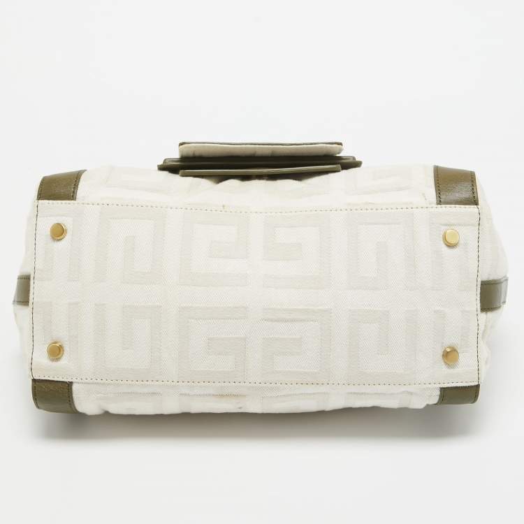 Pre Owned Givenchy White/Olive Green Signature Fabric and Leather Top Handle Bag