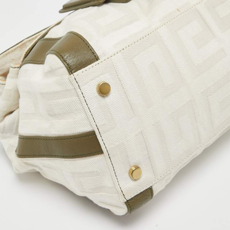Pre Owned Givenchy White/Olive Green Signature Fabric and Leather Top Handle Bag