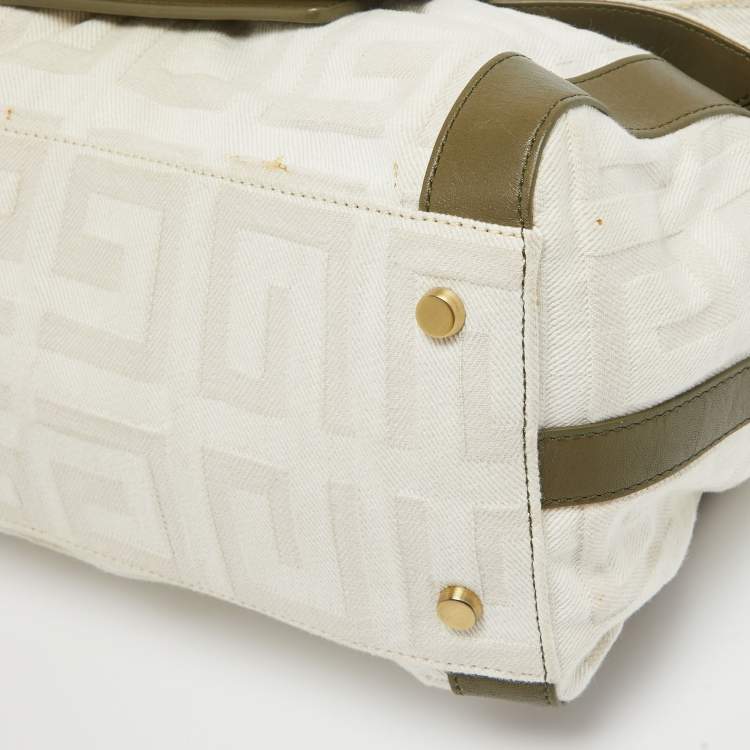 Pre Owned Givenchy White/Olive Green Signature Fabric and Leather Top Handle Bag