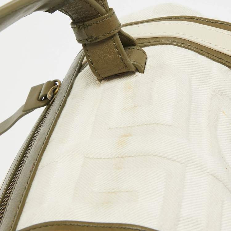 Pre Owned Givenchy White/Olive Green Signature Fabric and Leather Top Handle Bag