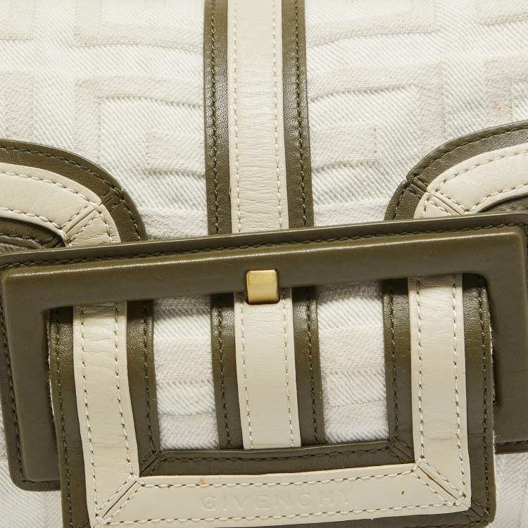 Pre Owned Givenchy White/Olive Green Signature Fabric and Leather Top Handle Bag