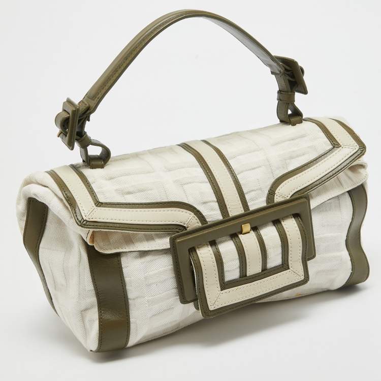 Pre Owned Givenchy White/Olive Green Signature Fabric and Leather Top Handle Bag