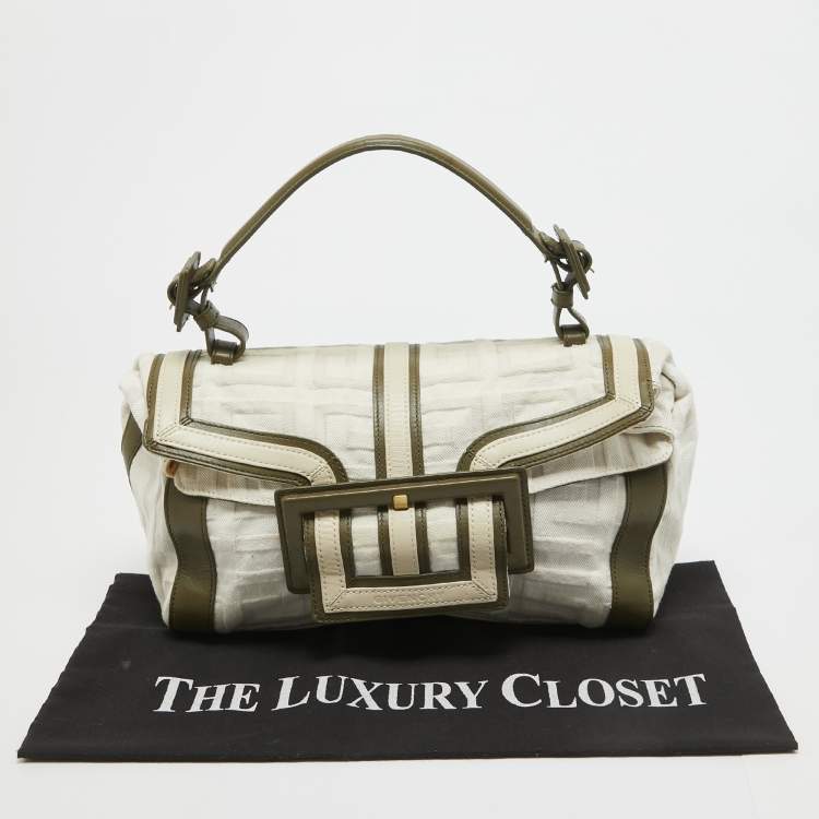 Pre Owned Givenchy White/Olive Green Signature Fabric and Leather Top Handle Bag