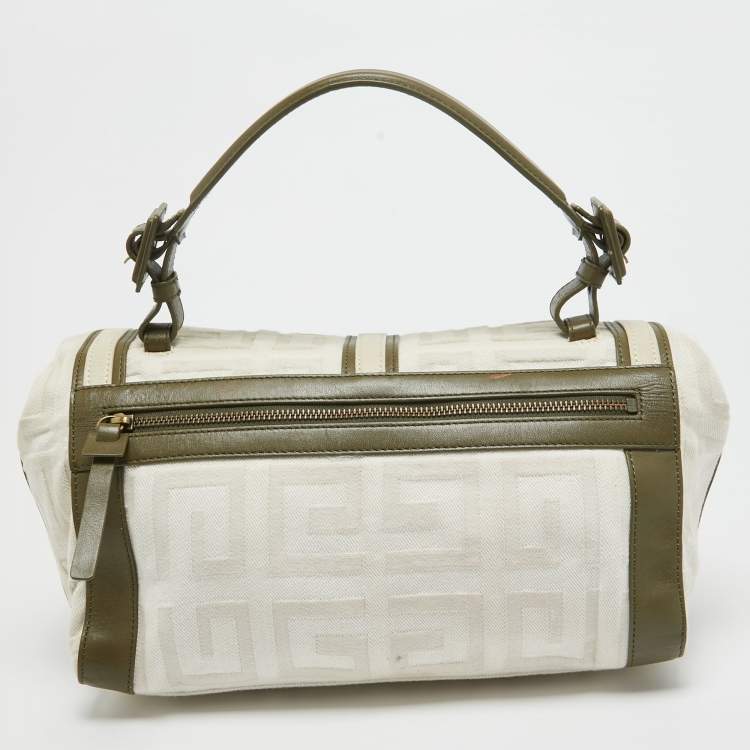 Pre Owned Givenchy White/Olive Green Signature Fabric and Leather Top Handle Bag