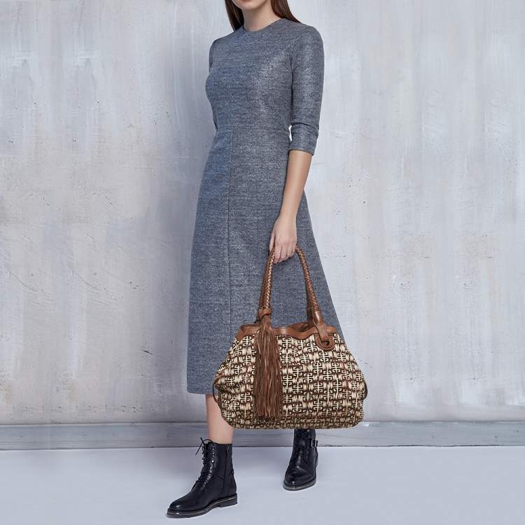 Pre Owned Givenchy Brown Signature Canvas and Leather Braided Handle Shoulder Bag