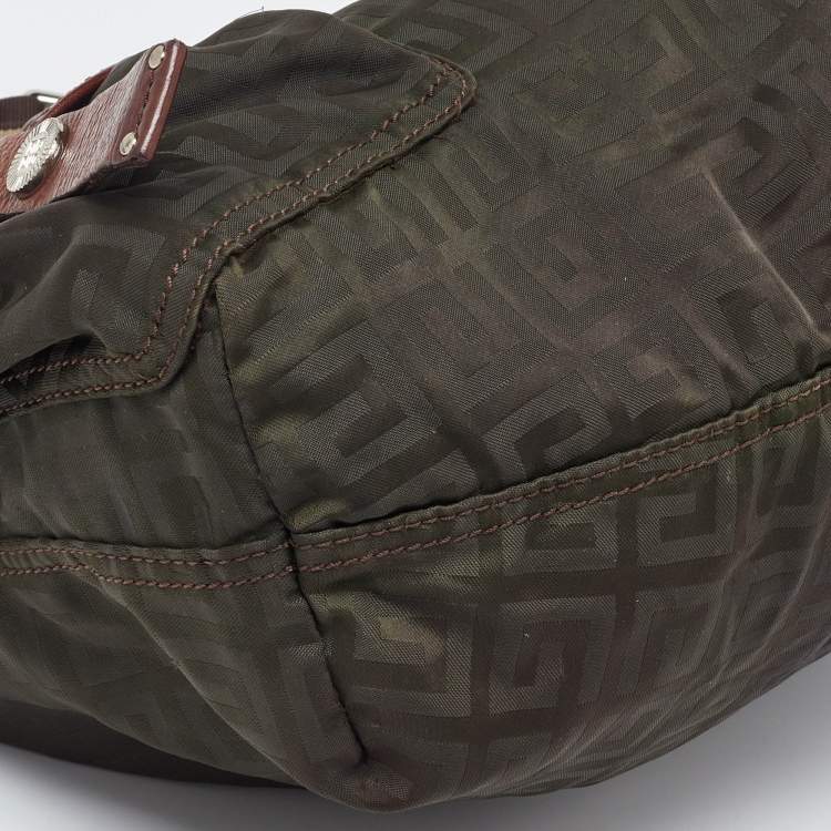 Pre Owned Givenchy Green/Brown Monogram Nylon and Leather Multiple Pocket Hobo