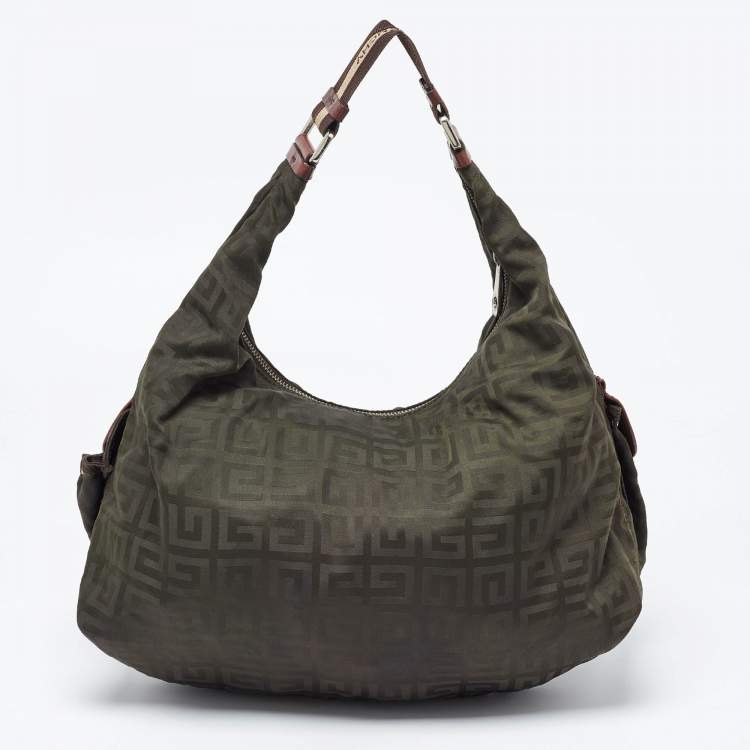 Pre Owned Givenchy Green/Brown Monogram Nylon and Leather Multiple Pocket Hobo
