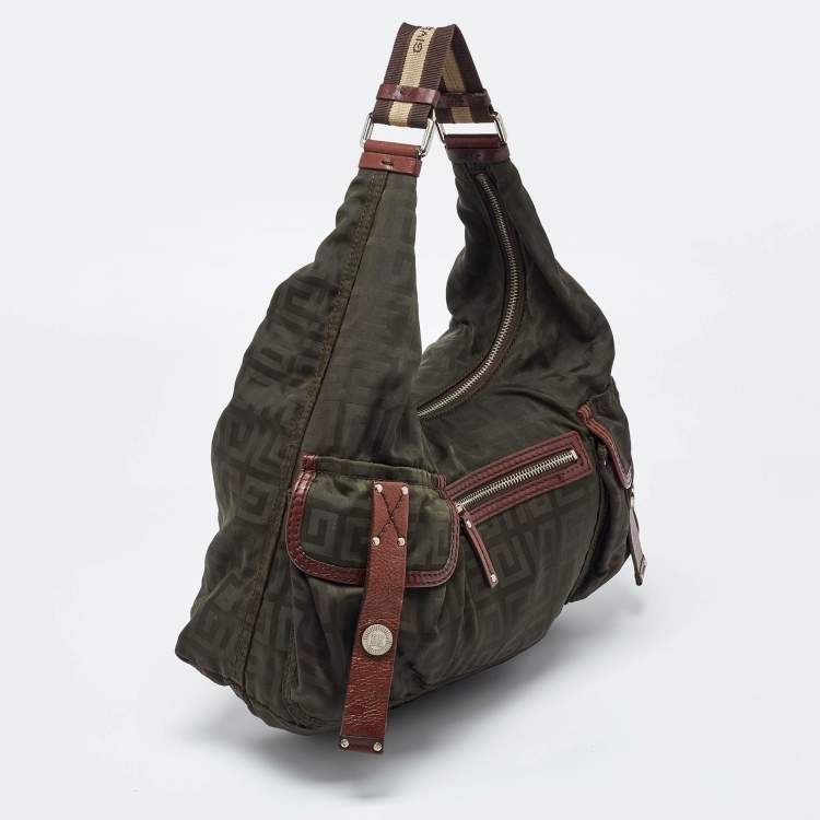 Pre Owned Givenchy Green/Brown Monogram Nylon and Leather Multiple Pocket Hobo