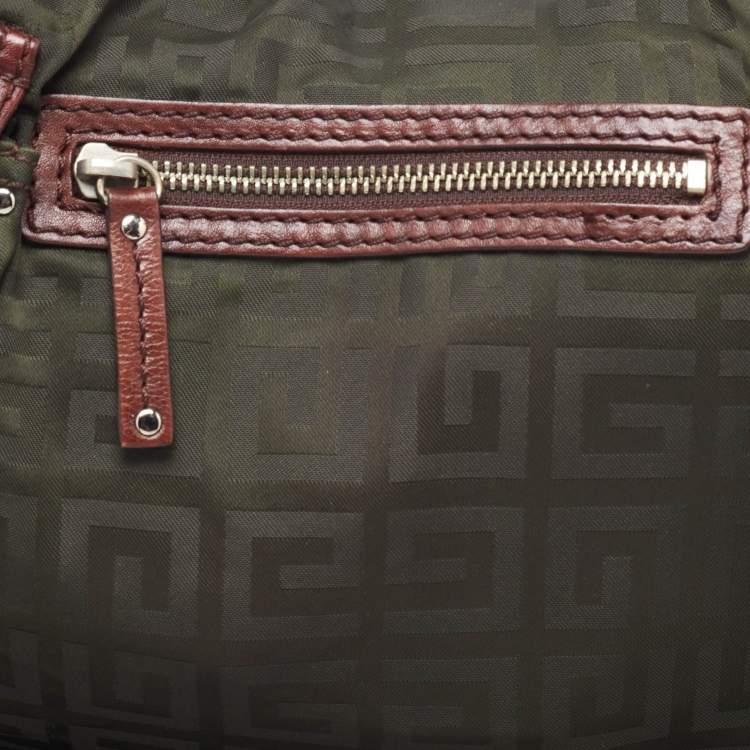 Pre Owned Givenchy Green/Brown Monogram Nylon and Leather Multiple Pocket Hobo