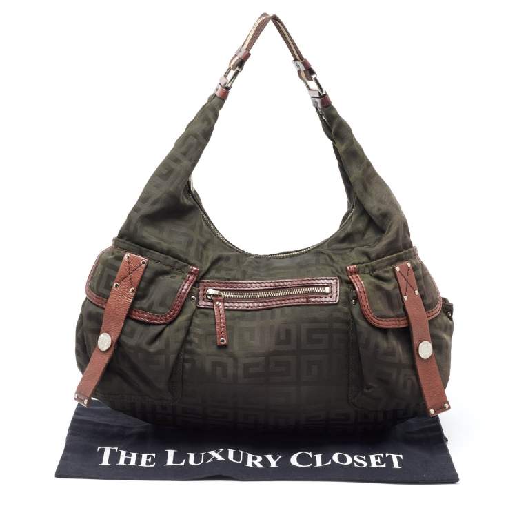Pre Owned Givenchy Green/Brown Monogram Nylon and Leather Multiple Pocket Hobo