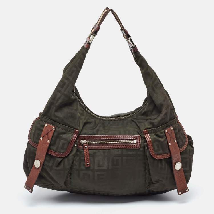 Pre Owned Givenchy Green/Brown Monogram Nylon and Leather Multiple Pocket Hobo