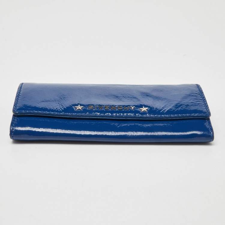 Pre Owned Givenchy Blue Patent Leather Logo Flap Continental Wallet