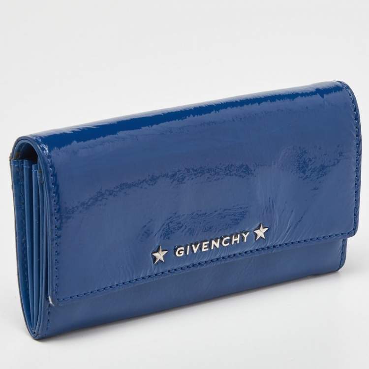 Pre Owned Givenchy Blue Patent Leather Logo Flap Continental Wallet