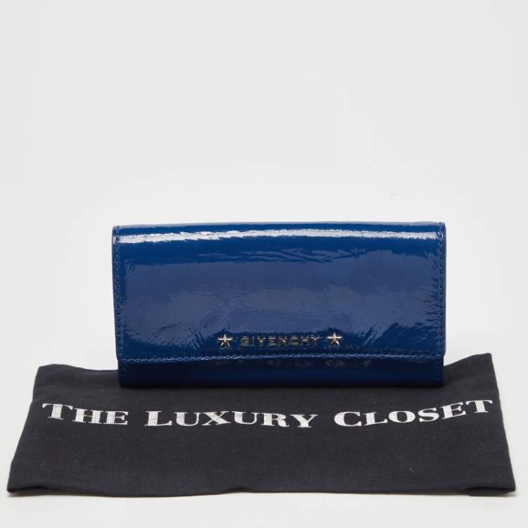 Pre Owned Givenchy Blue Patent Leather Logo Flap Continental Wallet