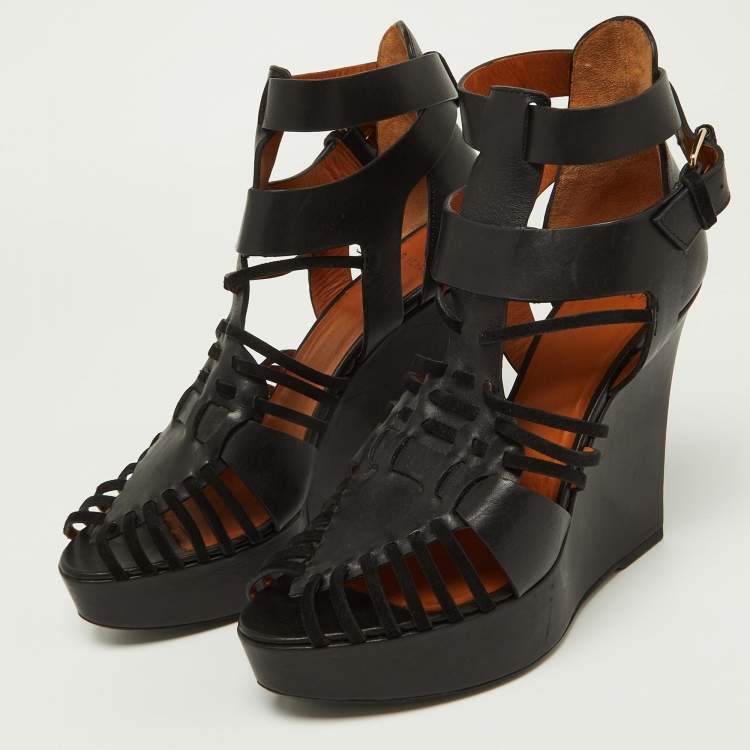Pre Owned Givenchy Black Suede and Leather Wedge Platform Ankle Strap Sandals Size 39