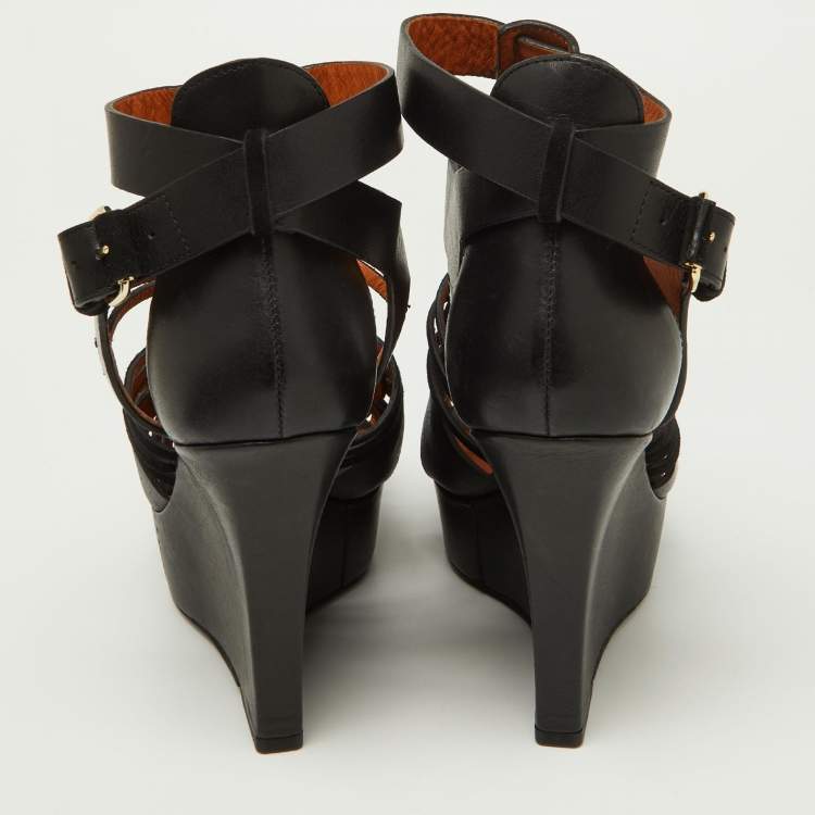 Pre Owned Givenchy Black Suede and Leather Wedge Platform Ankle Strap Sandals Size 39
