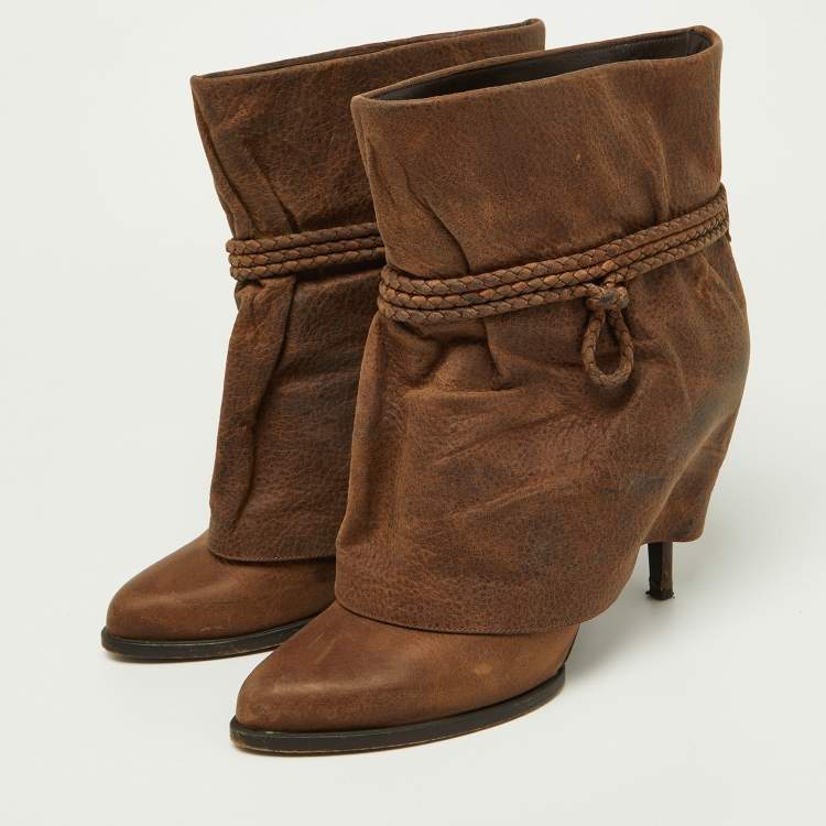 Pre Owned Givenchy Brown Distressed Leather Foldover Ankle Boots Size 41