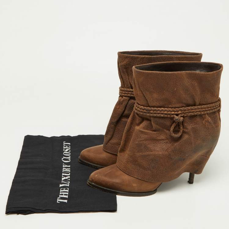 Pre Owned Givenchy Brown Distressed Leather Foldover Ankle Boots Size 41