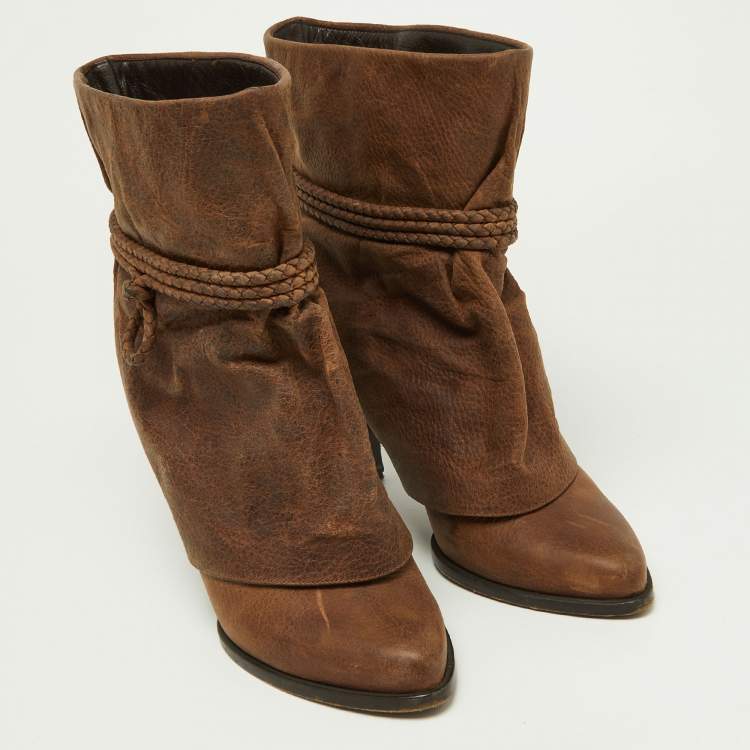 Pre Owned Givenchy Brown Distressed Leather Foldover Ankle Boots Size 41