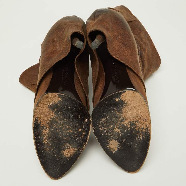 Pre Owned Givenchy Brown Distressed Leather Foldover Ankle Boots Size 41