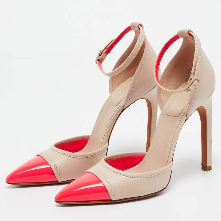 Pre Owned Givenchy Beige/Pink Leather and Patent Ankle Strap Pumps Size 37.5