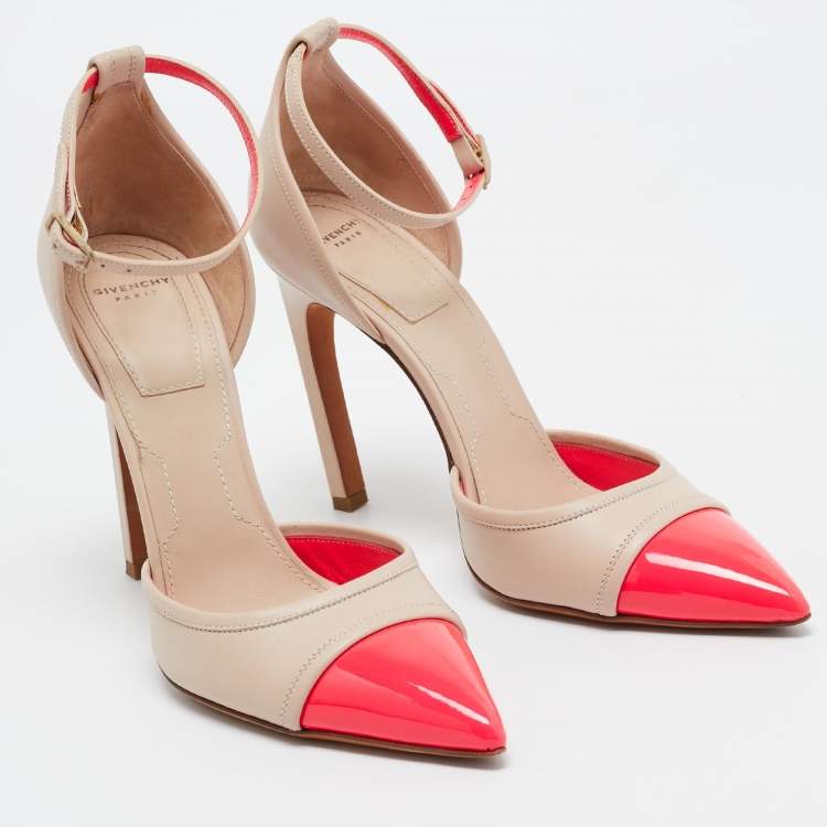 Pre Owned Givenchy Beige/Pink Leather and Patent Ankle Strap Pumps Size 37.5