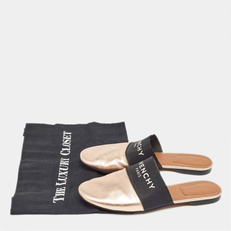 Pre Owned Givenchy Metallic/Black Leather and Elastic Bedford Flat Mules Size 37