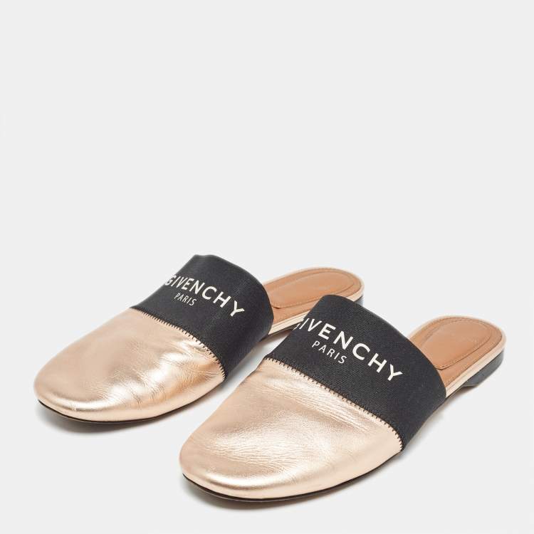 Pre Owned Givenchy Metallic/Black Leather and Elastic Bedford Flat Mules Size 37